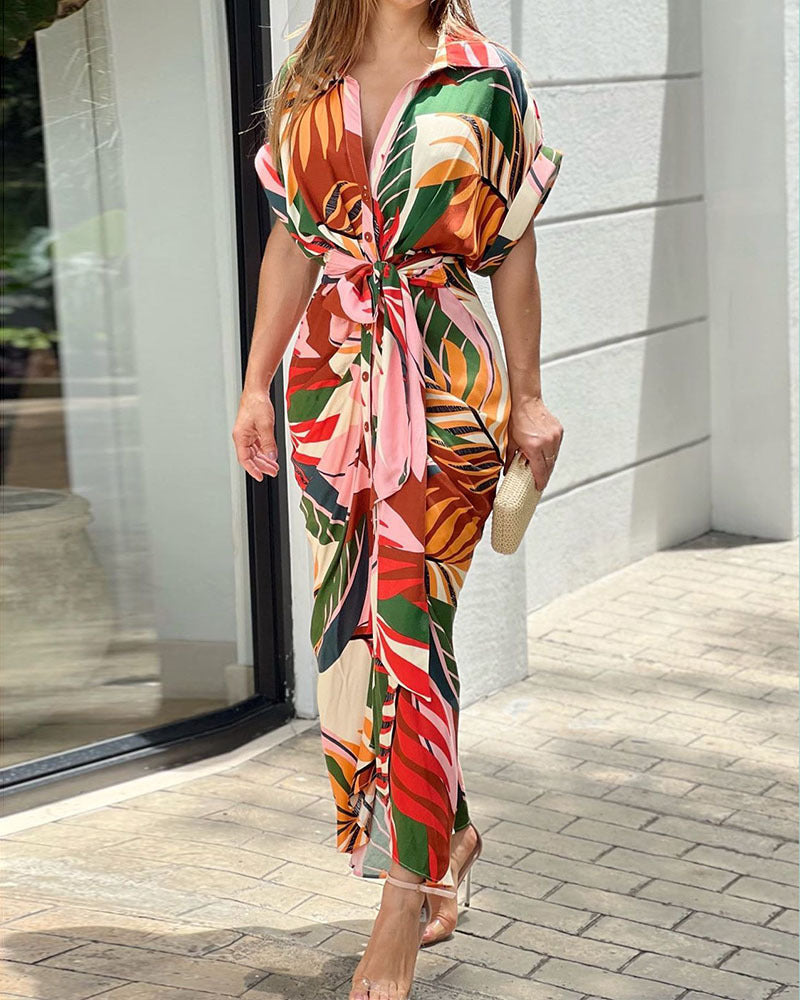 Casual Lapel Neck Waist Print Shirt Dress🌸New Mall Specials🌸