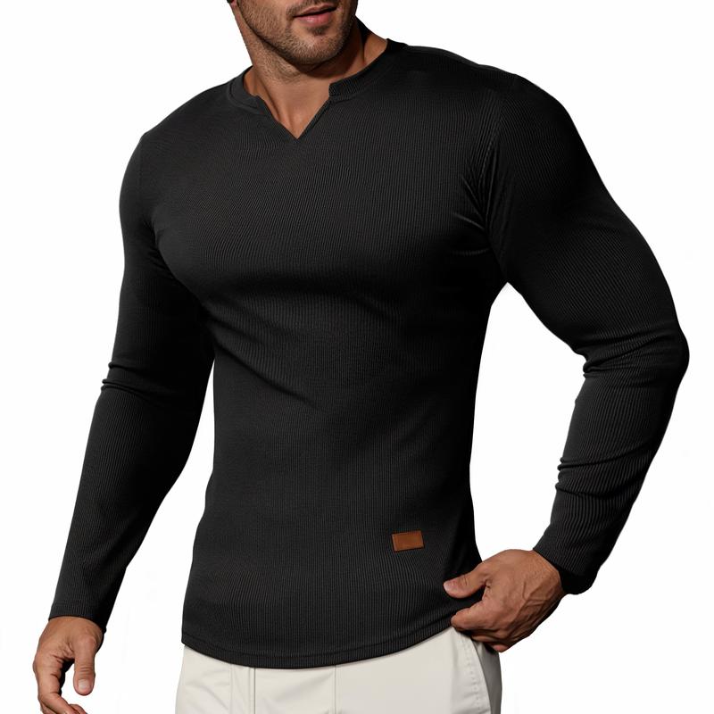 💗LAST DAY PROMOTION - 70%OFF V-Neck Longline Ribbed Tees Shirts Long Sleeve Gym Workout Athletic Menswear Tops