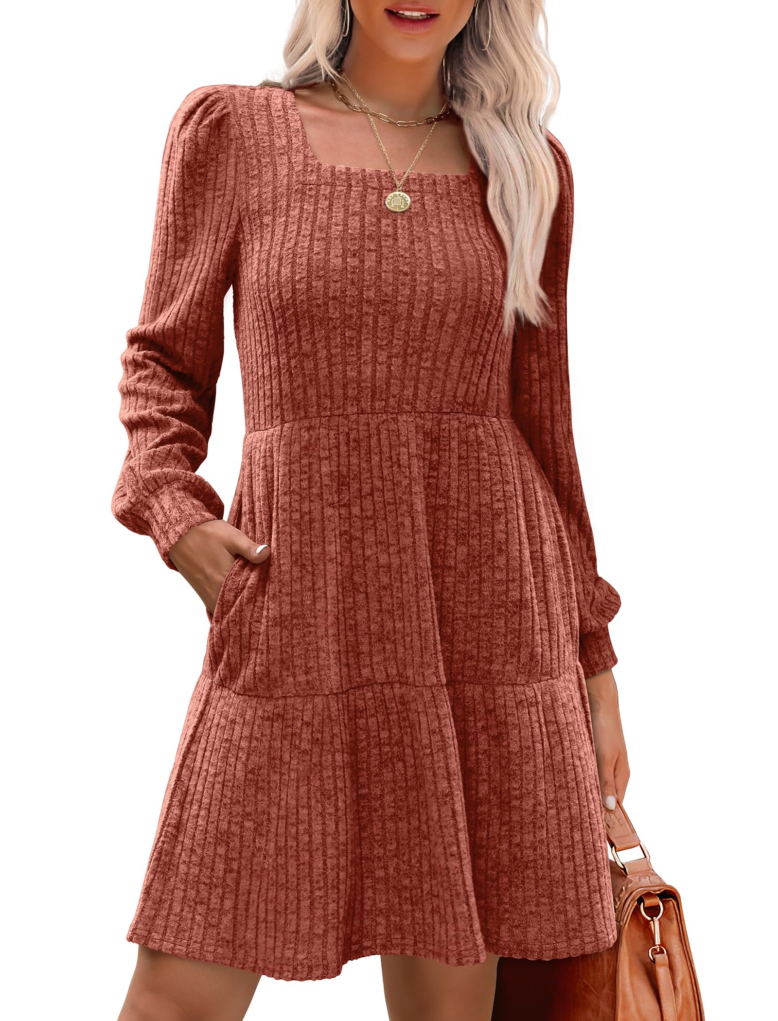 🍂2025 Autumn New Style 62% OFF⏰Women's Square Neck Lantern Sleeve Ribbed Dress|Glow in Autumnal Elegance!🍁