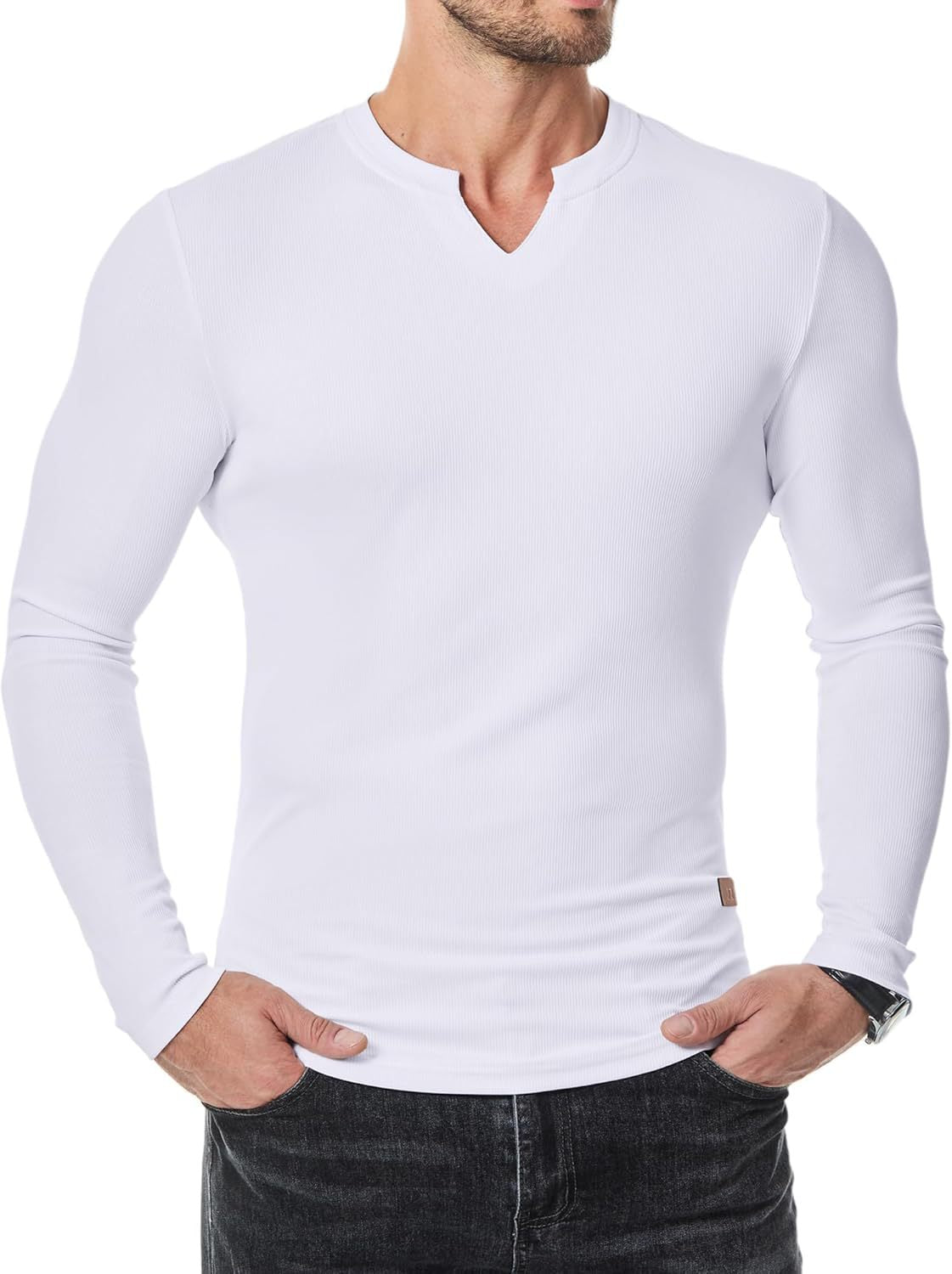 💗LAST DAY PROMOTION - 70%OFF V-Neck Longline Ribbed Tees Shirts Long Sleeve Gym Workout Athletic Menswear Tops