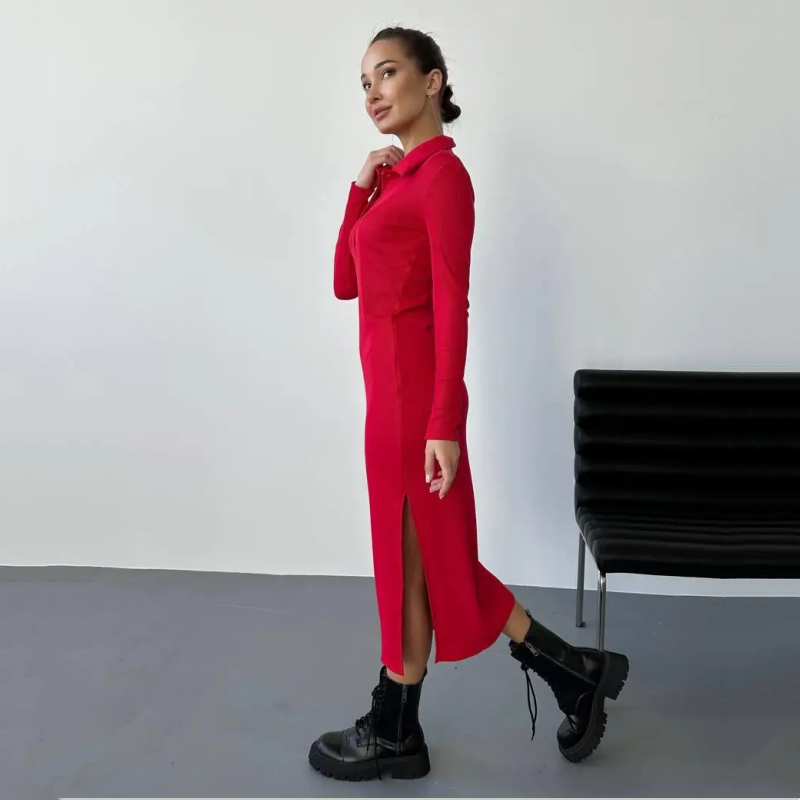 Women's Sexy Red Long Sleeve Lapel Dress