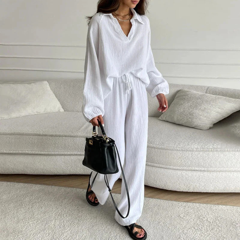🍁New for autumn✨Solid Colours 2 Piece Casual Set - V-Neck Top and Wide Leg Trousers