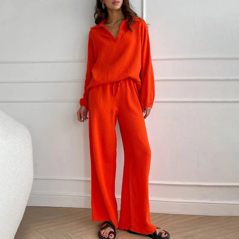 🍁New for autumn✨Solid Colours 2 Piece Casual Set - V-Neck Top and Wide Leg Trousers