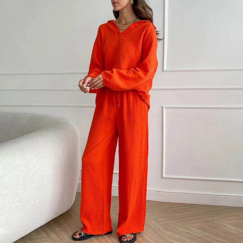 🍁New for autumn✨Solid Colours 2 Piece Casual Set - V-Neck Top and Wide Leg Trousers