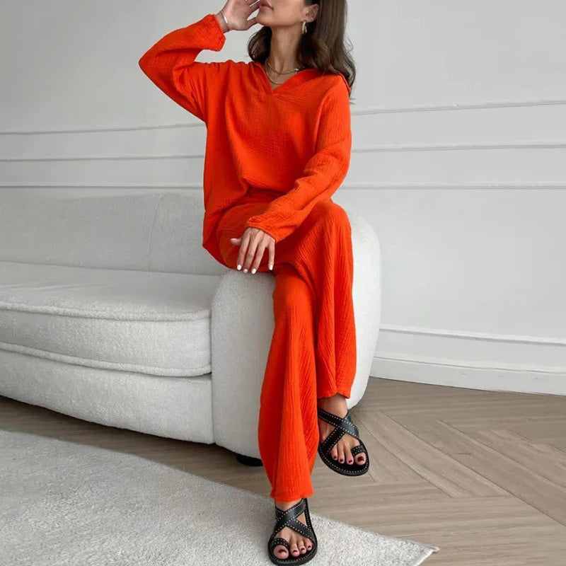 🍁New for autumn✨Solid Colours 2 Piece Casual Set - V-Neck Top and Wide Leg Trousers