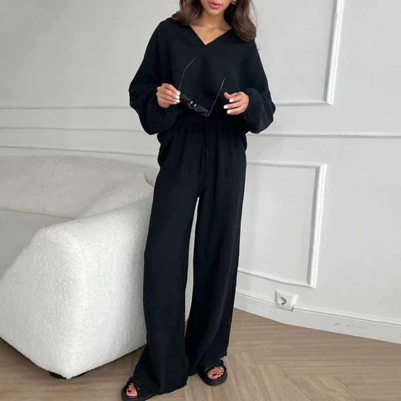 🍁New for autumn✨Solid Colours 2 Piece Casual Set - V-Neck Top and Wide Leg Trousers