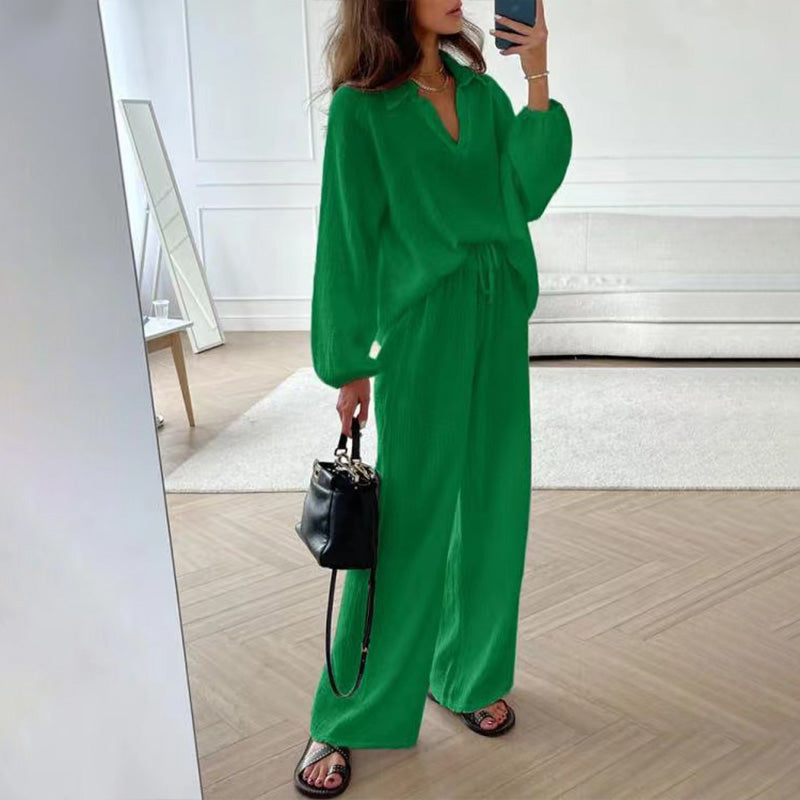 🍁New for autumn✨Solid Colours 2 Piece Casual Set - V-Neck Top and Wide Leg Trousers