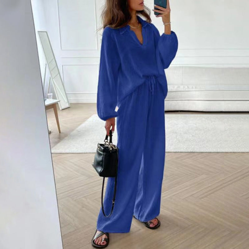 🍁New for autumn✨Solid Colours 2 Piece Casual Set - V-Neck Top and Wide Leg Trousers