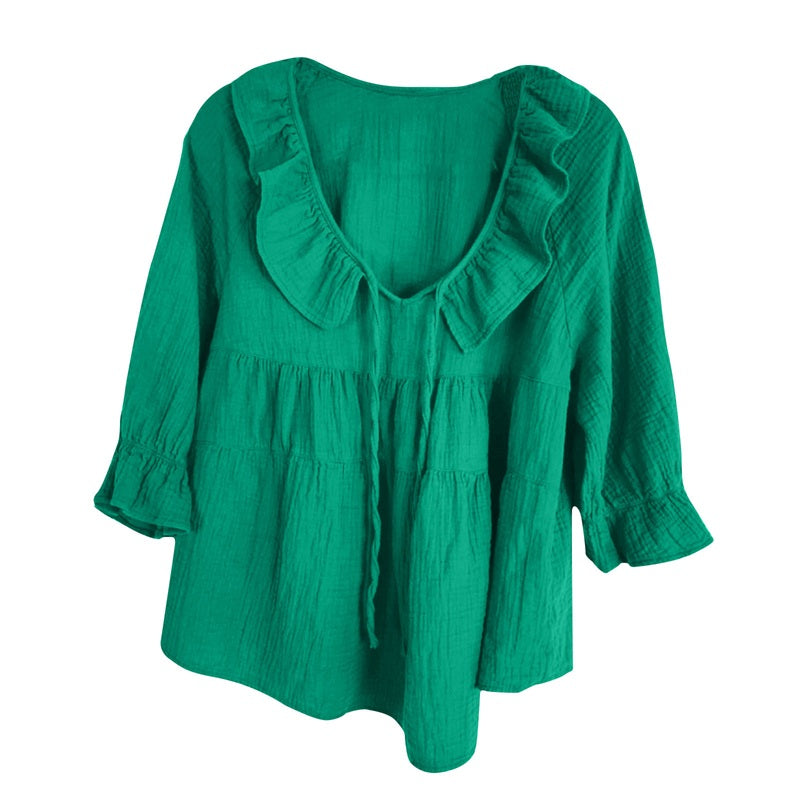 🎁 Hot Sale 49% OFF 🔥Women's 3/4 Sleeve Tie Front Ruffle Tiered Shirts