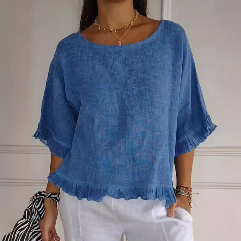 Women's Solid Round-Neck Short Sleeve Ruffle Tops