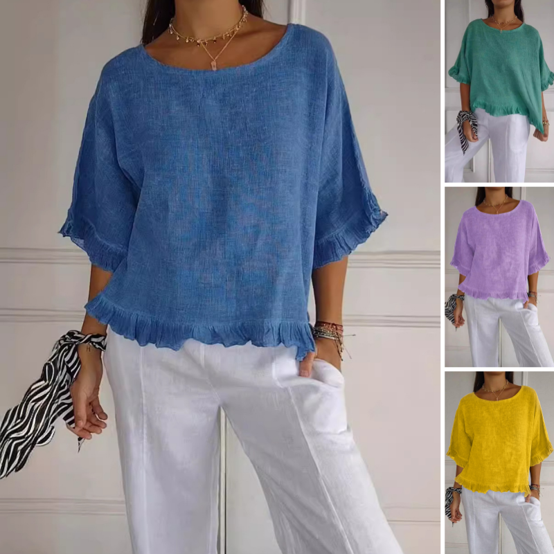 Women's Solid Round-Neck Short Sleeve Ruffle Tops