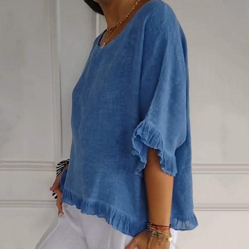Women's Solid Round-Neck Short Sleeve Ruffle Tops