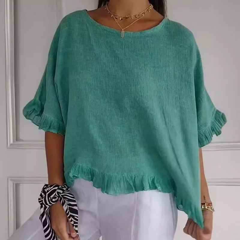 Women's Solid Round-Neck Short Sleeve Ruffle Tops