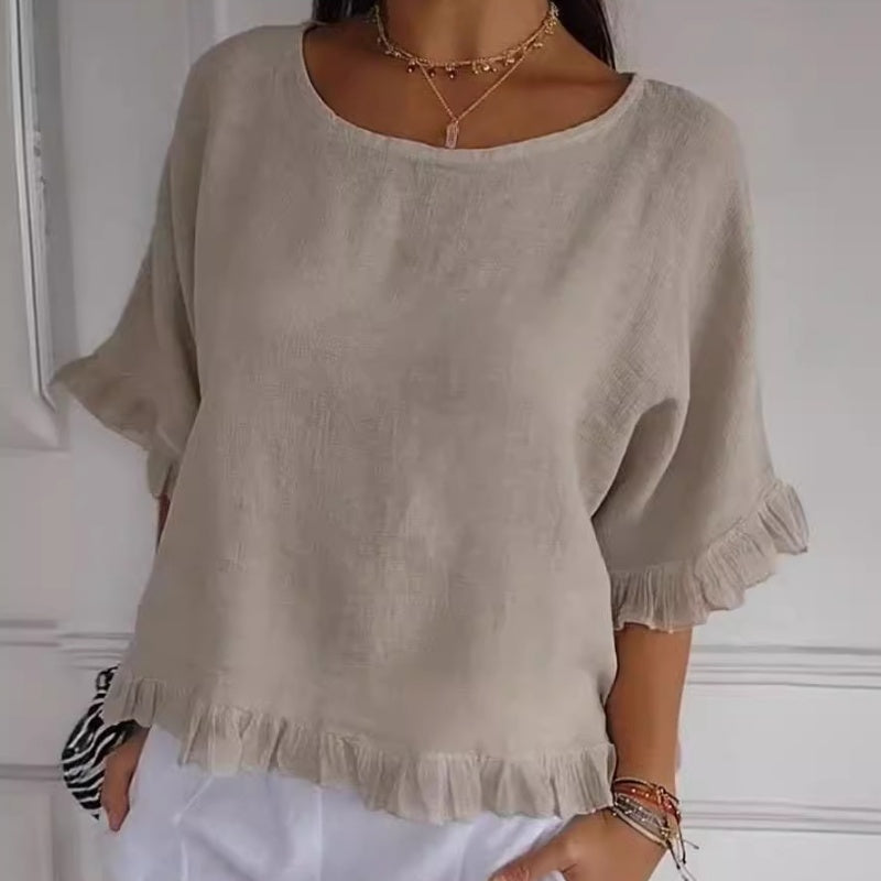 Women's Solid Round-Neck Short Sleeve Ruffle Tops