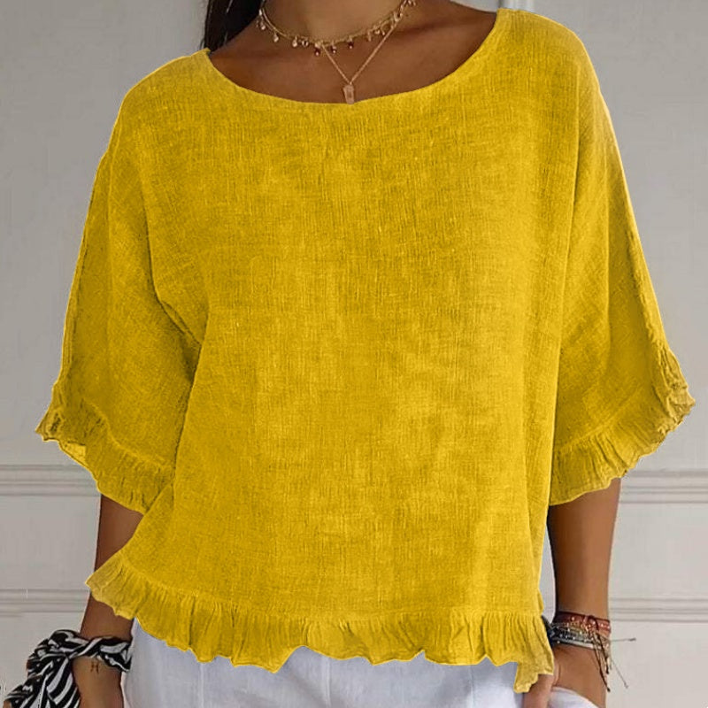 Women's Solid Round-Neck Short Sleeve Ruffle Tops
