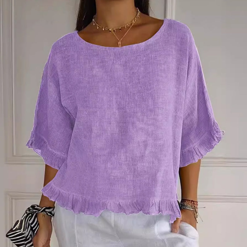 Women's Solid Round-Neck Short Sleeve Ruffle Tops