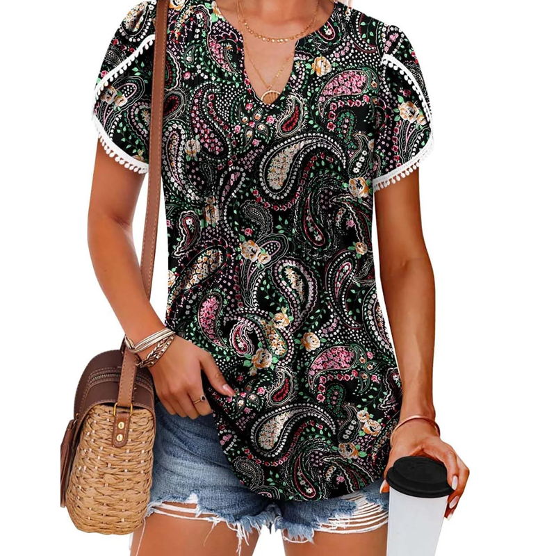 💖 SUMMER NEW💖Women's Cute Fringe Cuff Short-Sleeve Printed Tops