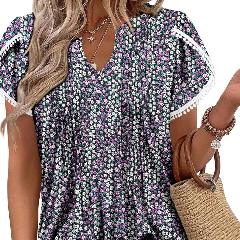 💖 SUMMER NEW💖Women's Cute Fringe Cuff Short-Sleeve Printed Tops