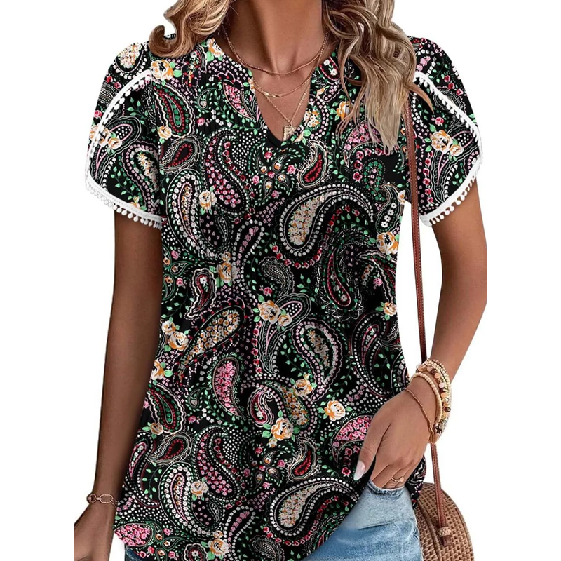 💖 SUMMER NEW💖Women's Cute Fringe Cuff Short-Sleeve Printed Tops