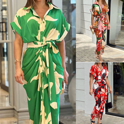 Casual Lapel Neck Waist Print Shirt Dress🌸New Mall Specials🌸