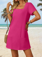 💕Last Day Promotion 49% OFF👗Women's Casual Square Neck Pocket Short Sleeve Dress with Pockets