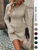 💗LAST DAY PROMOTION - 50%OFF💗Women's Plain Round Neck Cable Knit Bodycon Sweater Dress, Elegant Fashion Casual Long Sleeve Jumper Dress for Daily Outdoor Wear, Women Knitwear for Fall & Winte