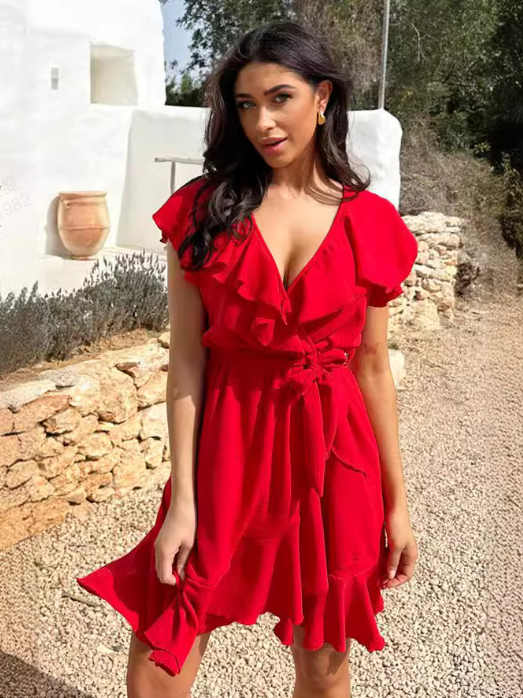 💖LAST DAY SALE 49% OFF💷Women's Elegant Waist Tie V-Neck Ruffle Dress