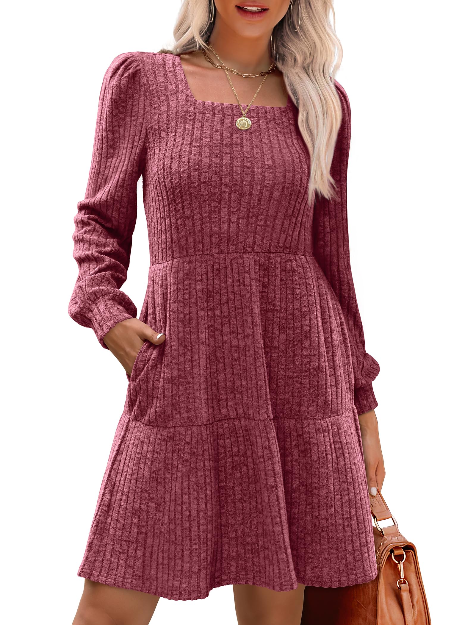 🍂2025 Autumn New Style 62% OFF⏰Women's Square Neck Lantern Sleeve Ribbed Dress|Glow in Autumnal Elegance!🍁