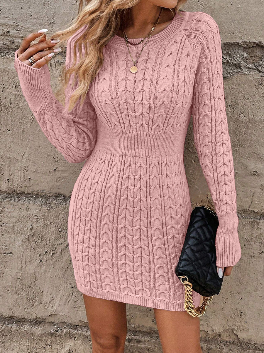 💗LAST DAY PROMOTION - 50%OFF💗Women's Plain Round Neck Cable Knit Bodycon Sweater Dress, Elegant Fashion Casual Long Sleeve Jumper Dress for Daily Outdoor Wear, Women Knitwear for Fall & Winte