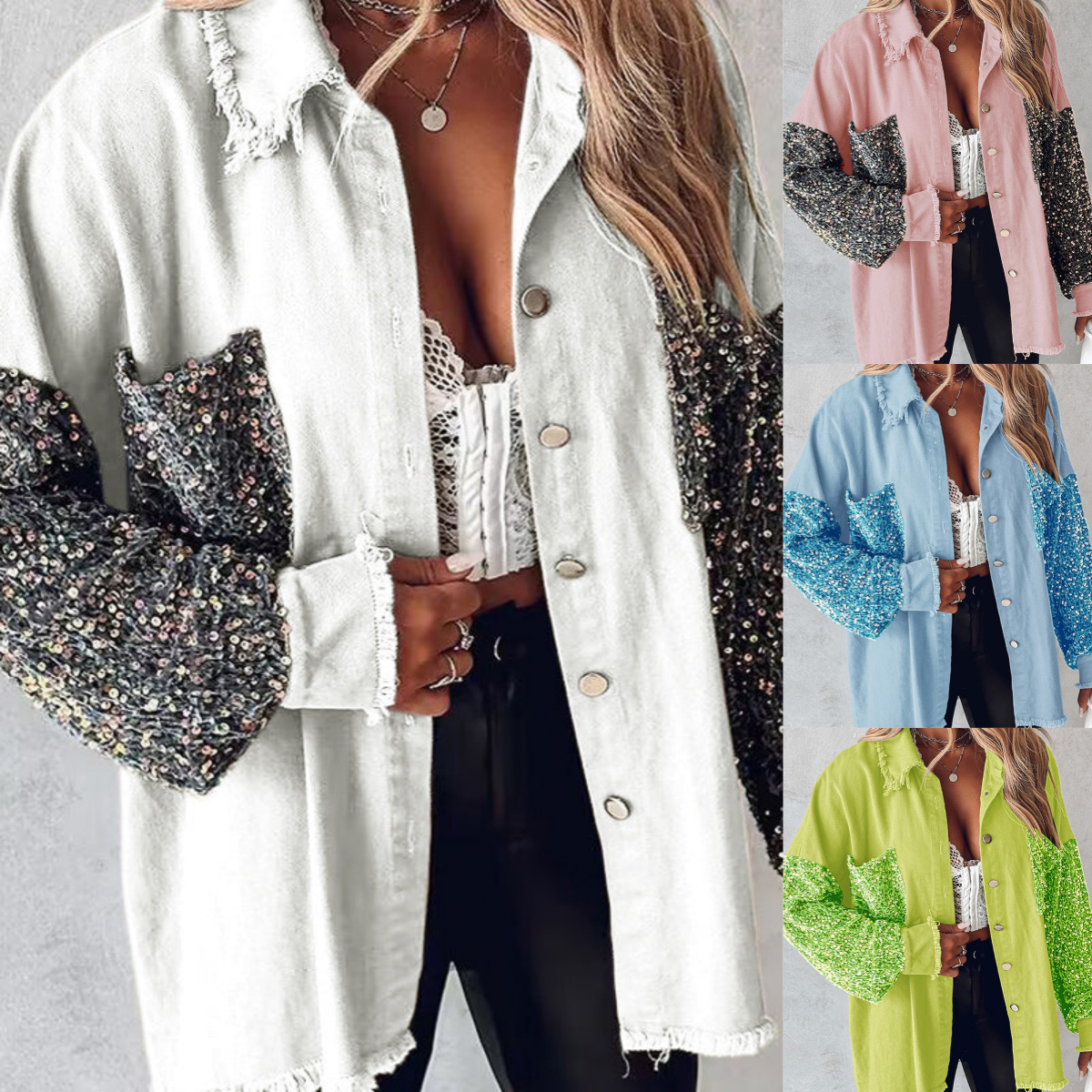 🔥Hot Sale 50% OFF⏳Women's Trendy Sequin Patchwork Coat with Raw Hem