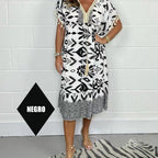 Printed Casual Dress With V-Neckline and Fringes on the Short Sleeves