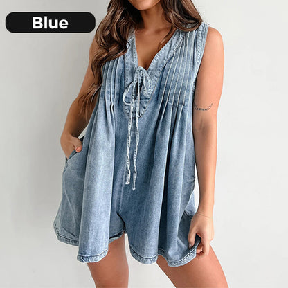 Women’s Casual Pleated Sleeveless V-Neck Denim Romper