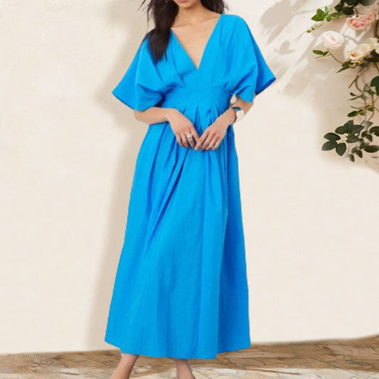 Fashion V-Neck Pleated Backless Long Dress