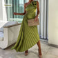 💕 Classy & Comfortable:Asymmetrical Pleated Dress with Slant Neckline