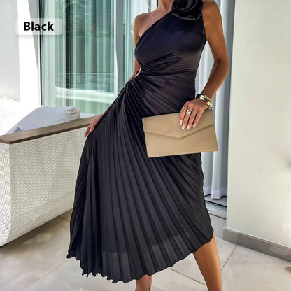 💕 Classy & Comfortable:Asymmetrical Pleated Dress with Slant Neckline