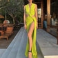 V-Neck Waist Cutout Pleated Slit Long Dress