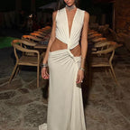 V-Neck Waist Cutout Pleated Slit Long Dress