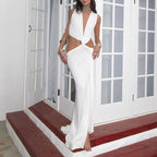 V-Neck Waist Cutout Pleated Slit Long Dress