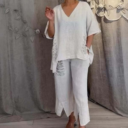 💥Limit Time 69% OFF 💕Women's Cotton Linen V-Neck 2-Piece Set