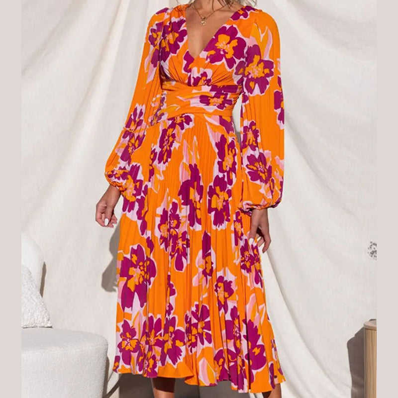 V-Neck Floral Print Pleated Long Sleeve Maxi Dress
