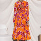 V-Neck Floral Print Pleated Long Sleeve Maxi Dress