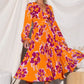 V-Neck Floral Print Pleated Long Sleeve Maxi Dress