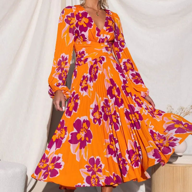 V-Neck Floral Print Pleated Long Sleeve Maxi Dress