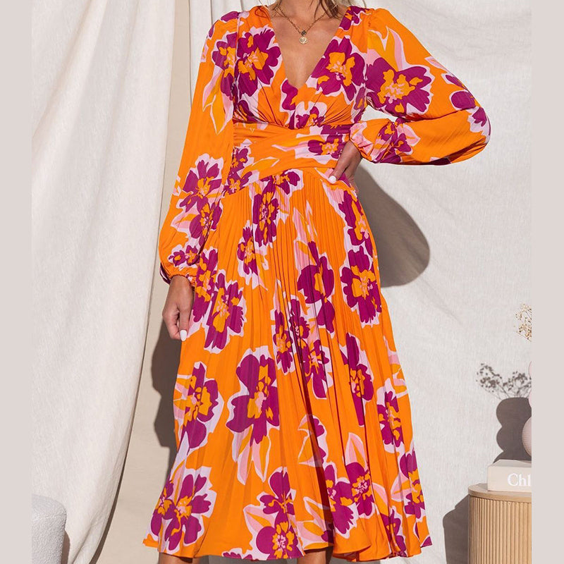 V-Neck Floral Print Pleated Long Sleeve Maxi Dress