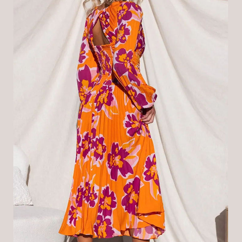 V-Neck Floral Print Pleated Long Sleeve Maxi Dress