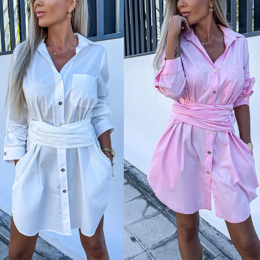 Women's Trendy Solid Color Tie Waist Shirt Dress