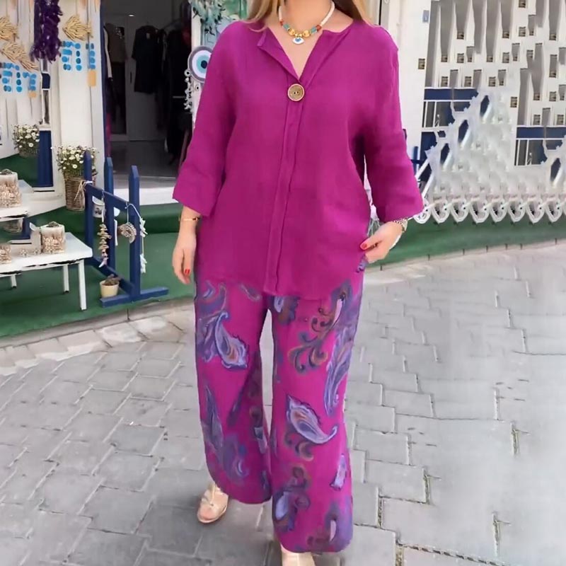 🔥Limited Time 50% OFF🔥Women’s Casual Printed Long-sleeve Blouse and Wide-leg Pants 2-piece Set