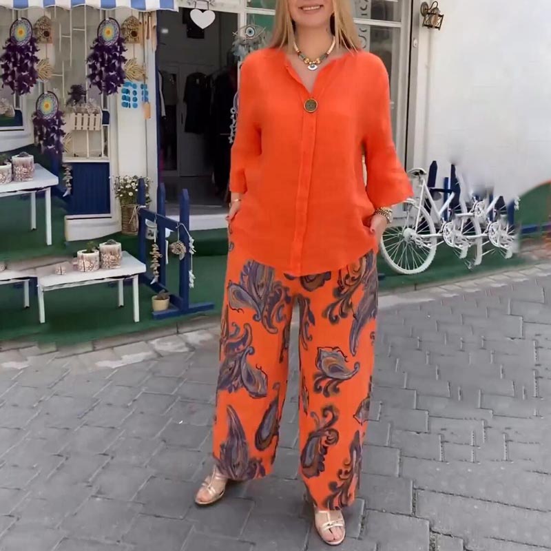 🔥Limited Time 50% OFF🔥Women’s Casual Printed Long-sleeve Blouse and Wide-leg Pants 2-piece Set