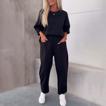 🔥HOT SALE🔥Solid Color Casual Top & Pants with Pockets Set