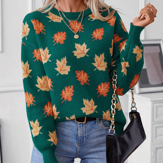 🔥50% off for a limited time🔥Women's Casual Knit Sweater with Maple Leaf Pattern